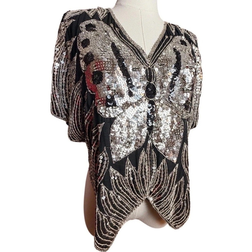 Vintage 80s Nandans Beaded Butterfly Silk Blouse Sequin Boho Festival